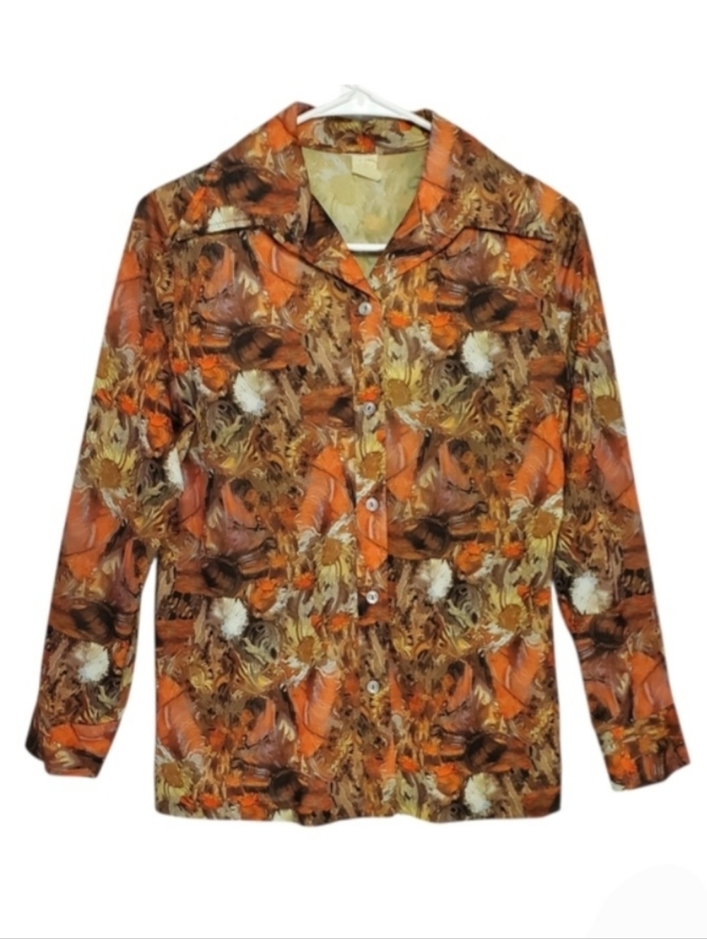 2502 * Vintage 70s Abstract/Human Print Blouse Rust Brown Orange Size Unknown